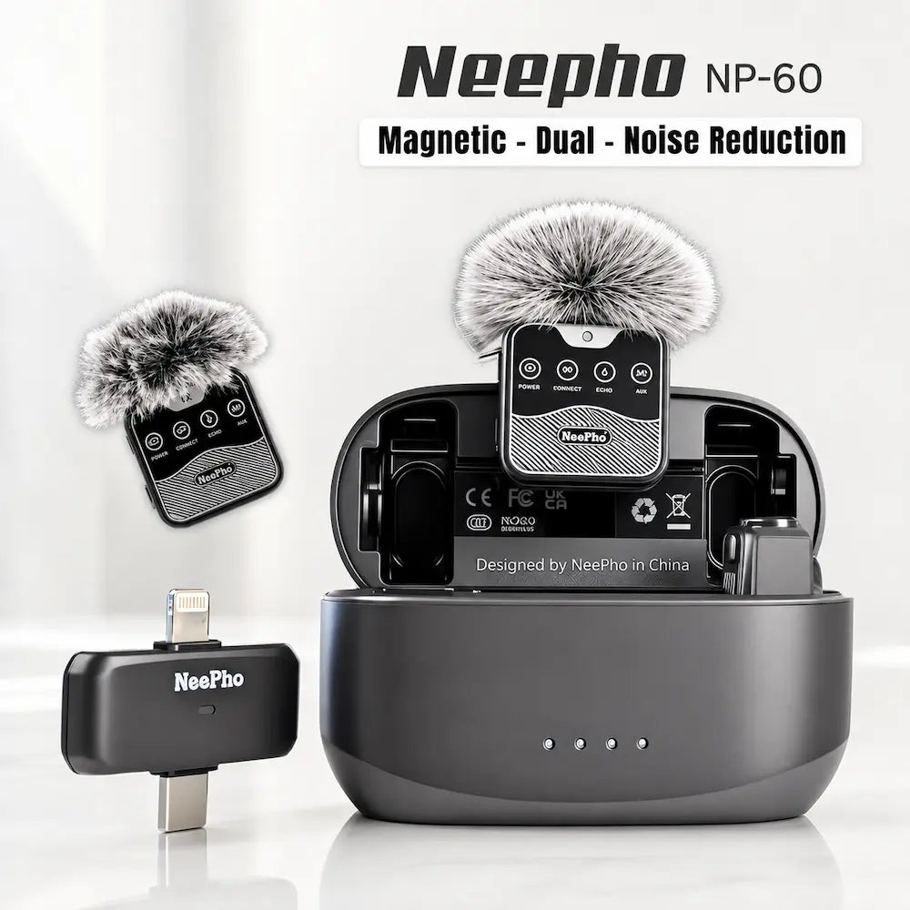NeePho NP-60 Dual Wireless Microphone for iPhone & Type-C – Magnetic Noise Reduction Mic with Charging Case