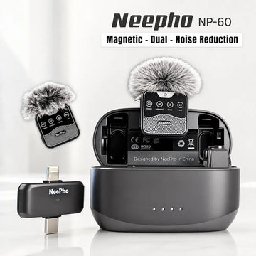 NeePho NP-60 Dual Wireless Microphone for iPhone & Type-C – Magnetic Noise Reduction Mic with Charging Case
