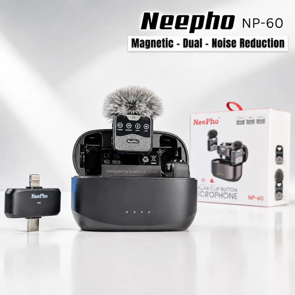 NeePho NP-60 Dual Wireless Microphone for iPhone & Type-C – Magnetic Noise Reduction Mic with Charging Case