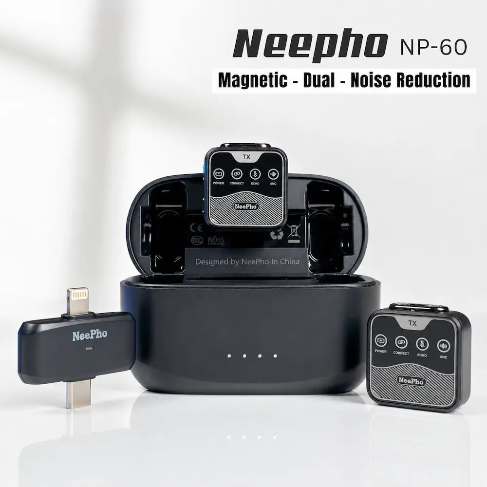 NeePho NP-60 Dual Wireless Microphone for iPhone & Type-C – Magnetic Noise Reduction Mic with Charging Case