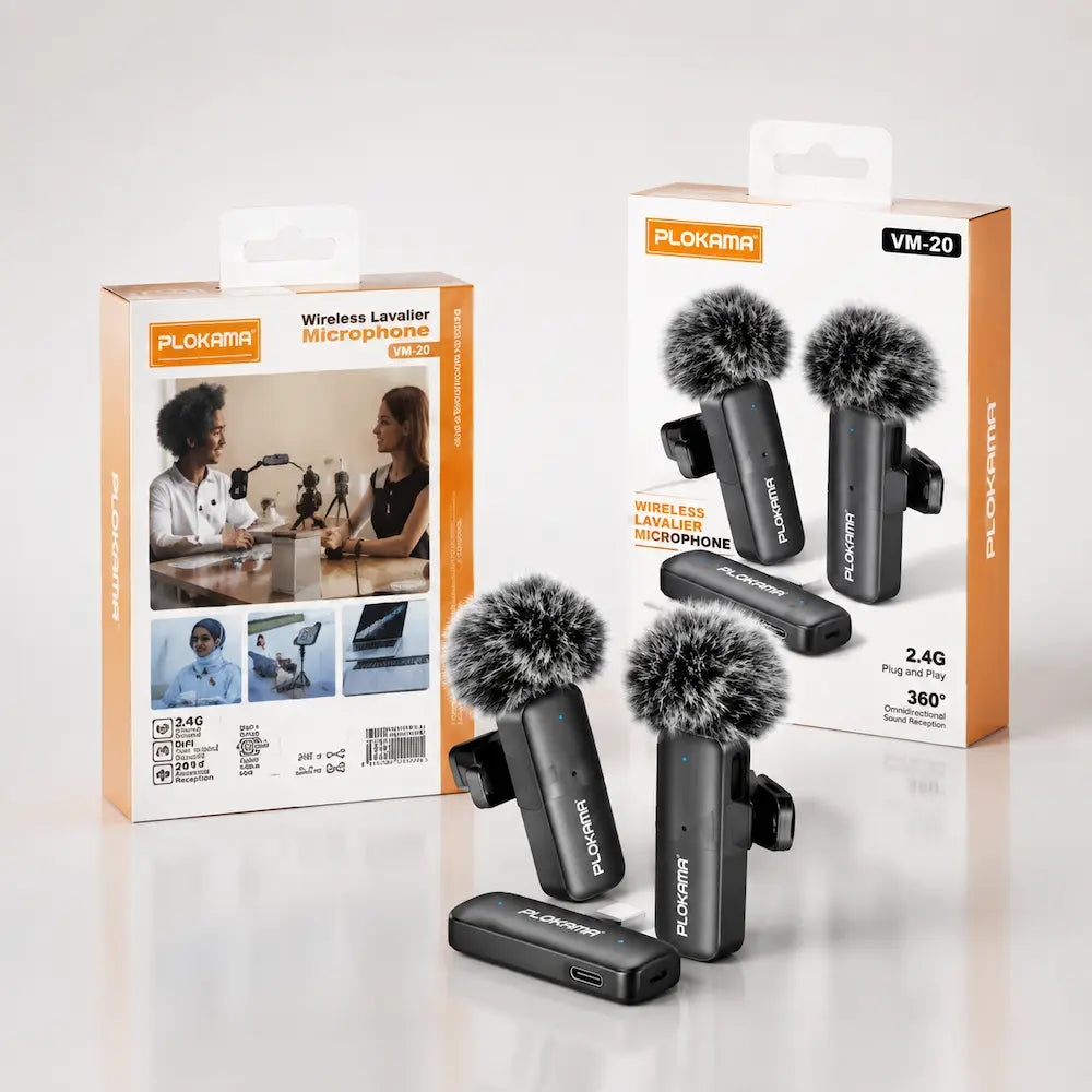 PLOKAMA VM20 Dual Wireless Mic for iPhone & Type-C – 2.4G Lavalier Microphone
